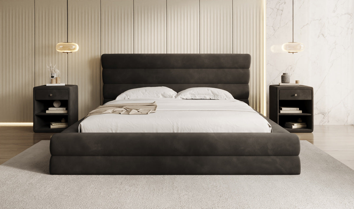 Designer upholstered bed Maren in velvet with storage