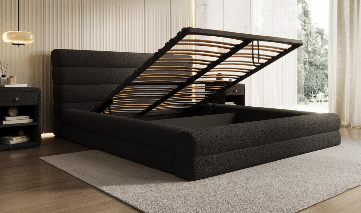Designer upholstered bed Maren in teddy bouclé with storage