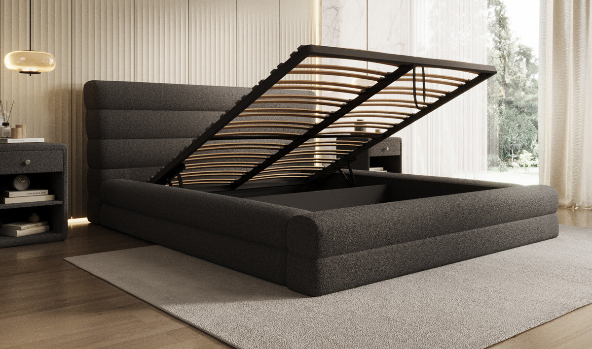 Designer upholstered bed Maren in teddy bouclé with storage