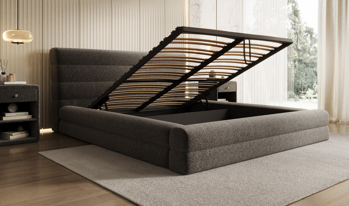 Designer upholstered bed Maren in textured fabric with storage