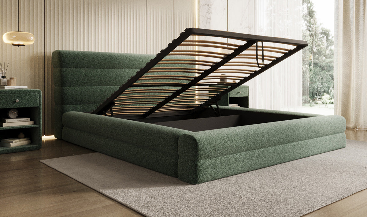 Designer upholstered bed Maren in textured fabric with storage