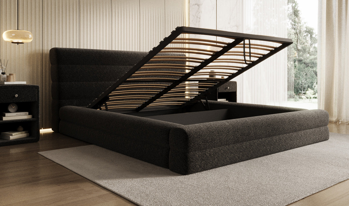 Designer upholstered bed Maren in textured fabric with storage