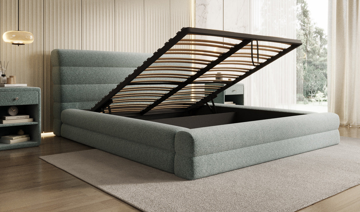 Designer upholstered bed Maren in textured fabric with storage