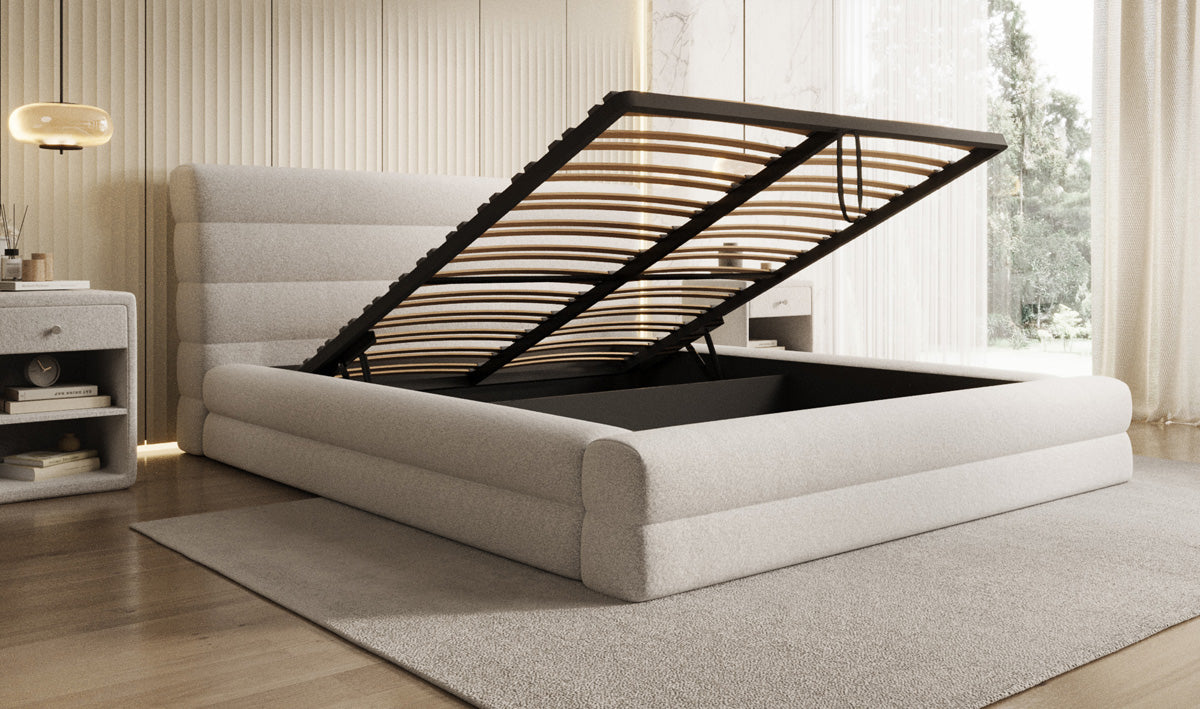 Designer upholstered bed Maren in textured fabric with storage