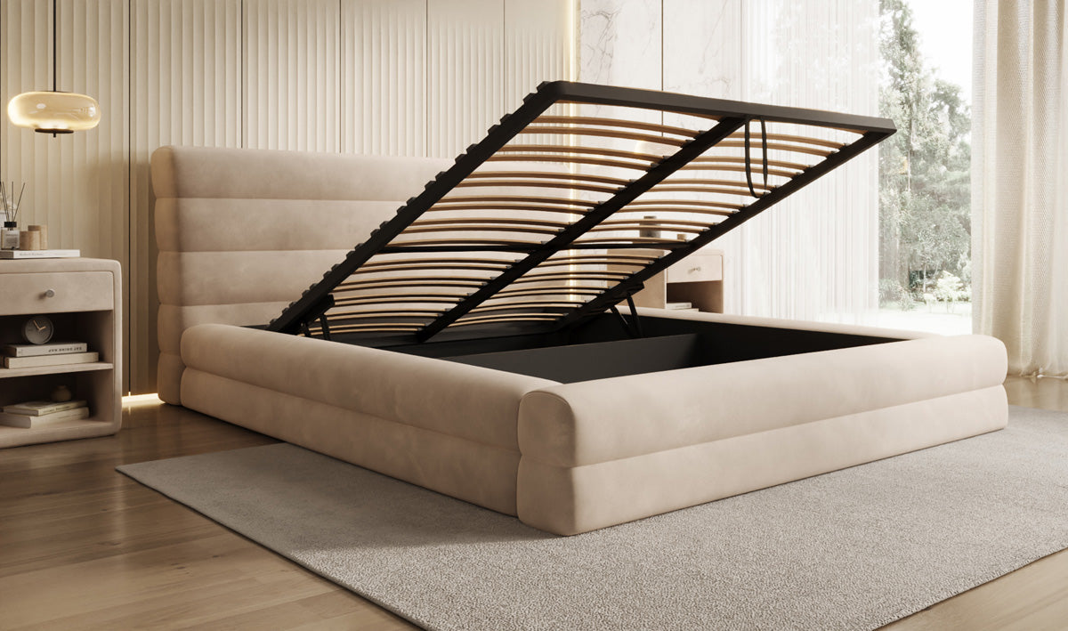 Designer upholstered bed Maren in velvet with storage