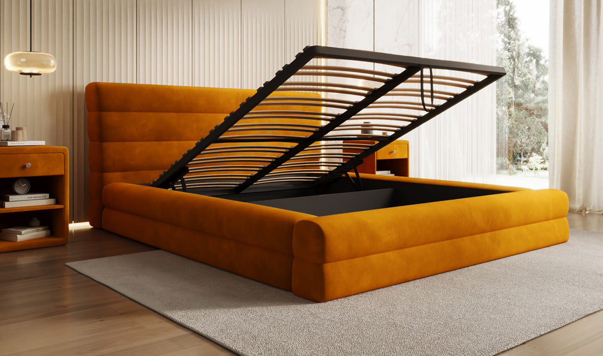 Designer upholstered bed Maren in velvet with storage