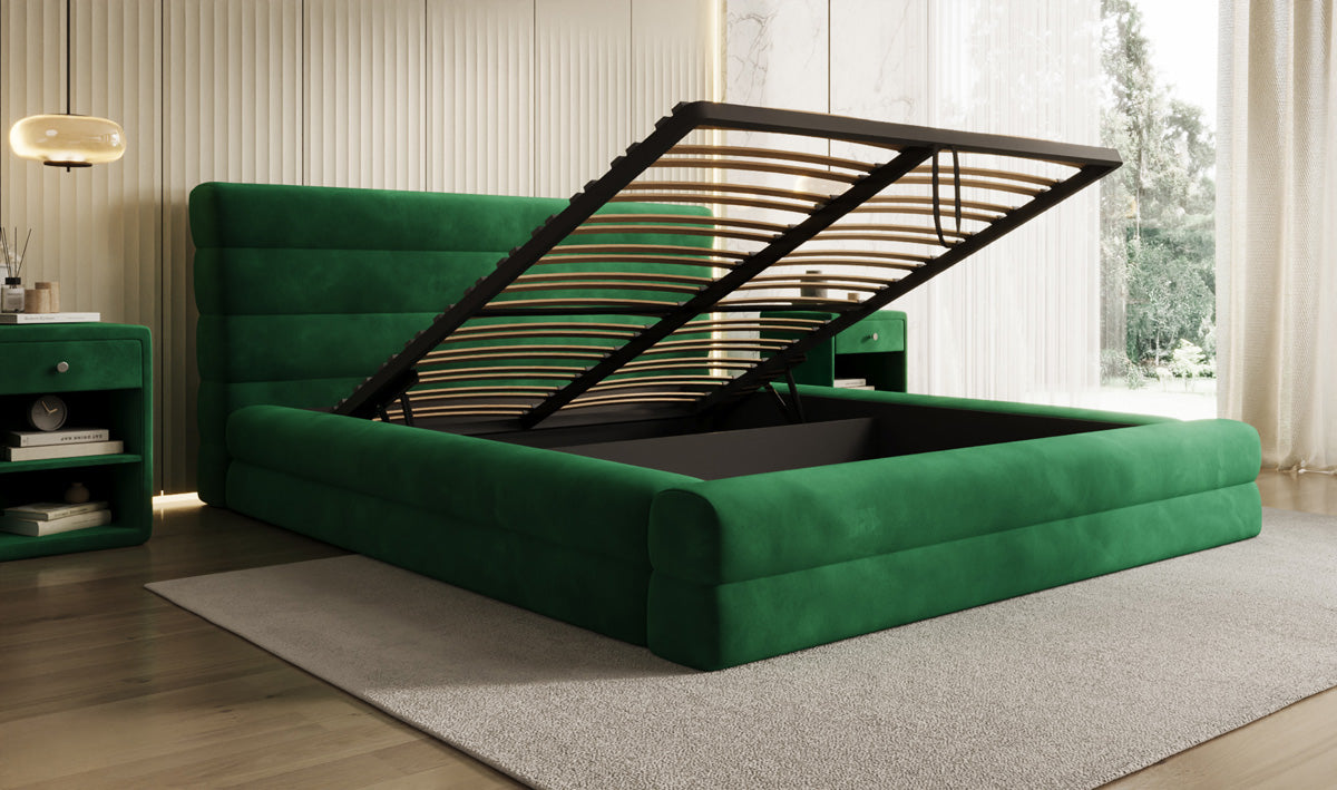 Designer upholstered bed Maren in velvet with storage