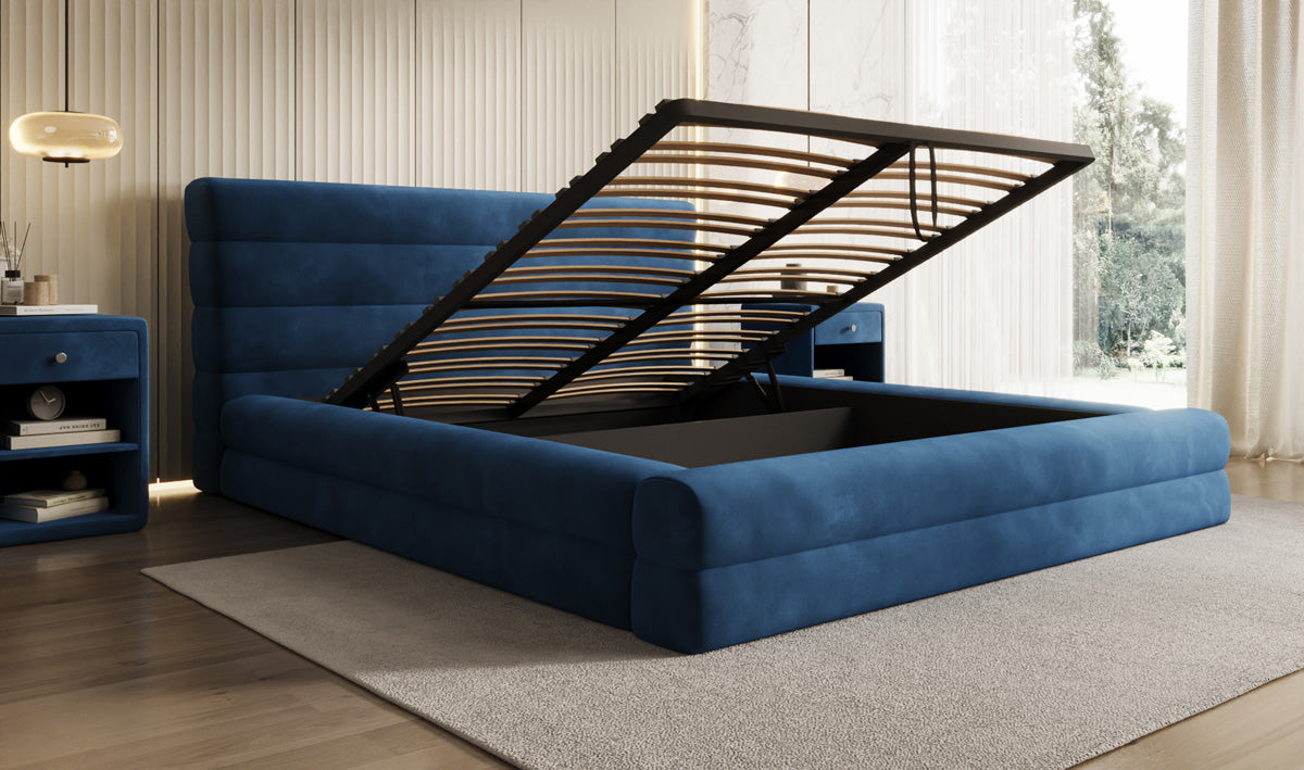 Designer upholstered bed Maren in velvet with storage