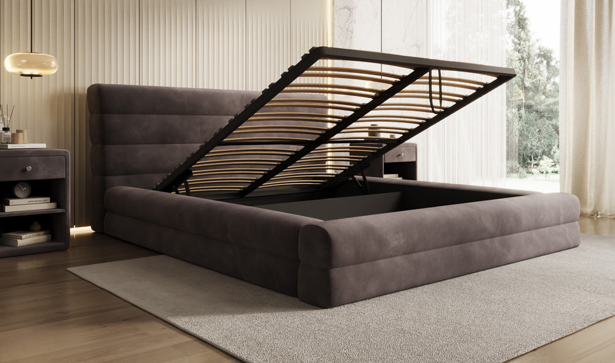 Designer upholstered bed Maren in velvet with storage