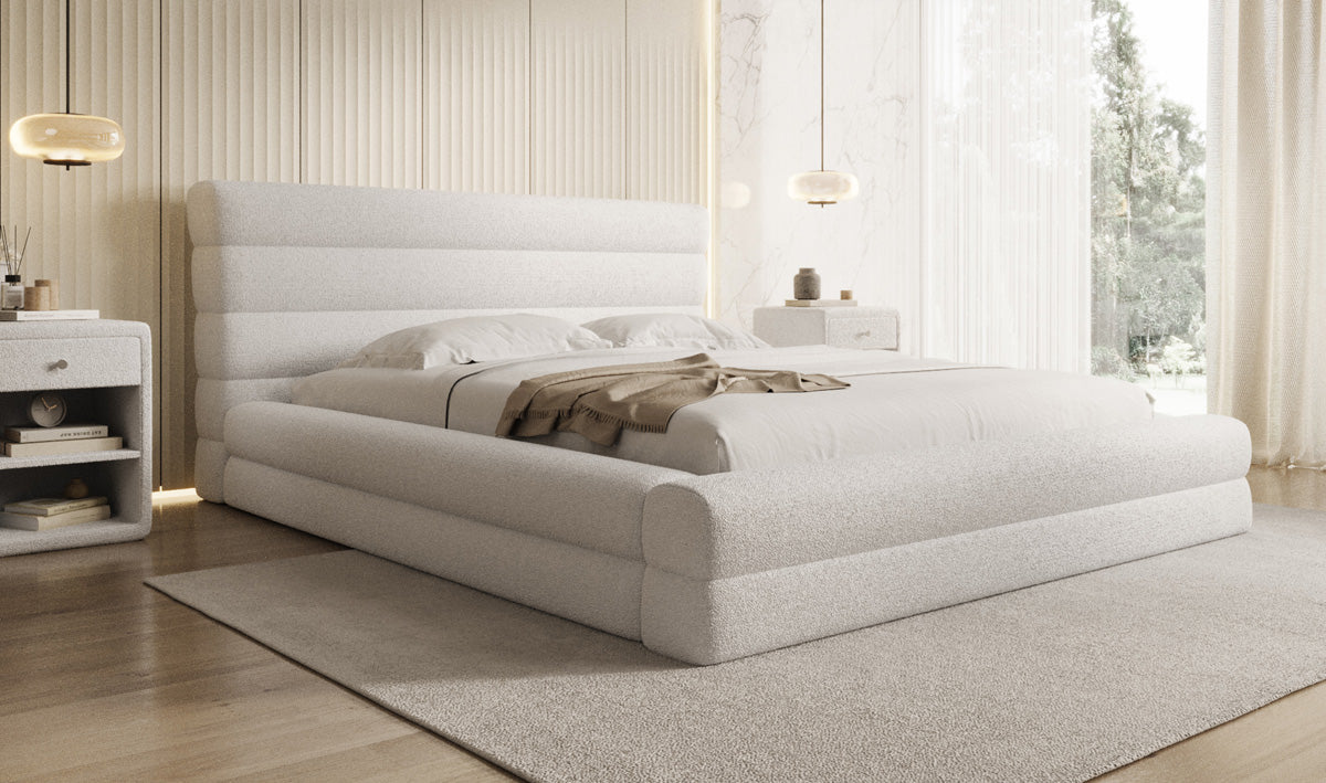 Designer upholstered bed Maren in teddy bouclé with storage
