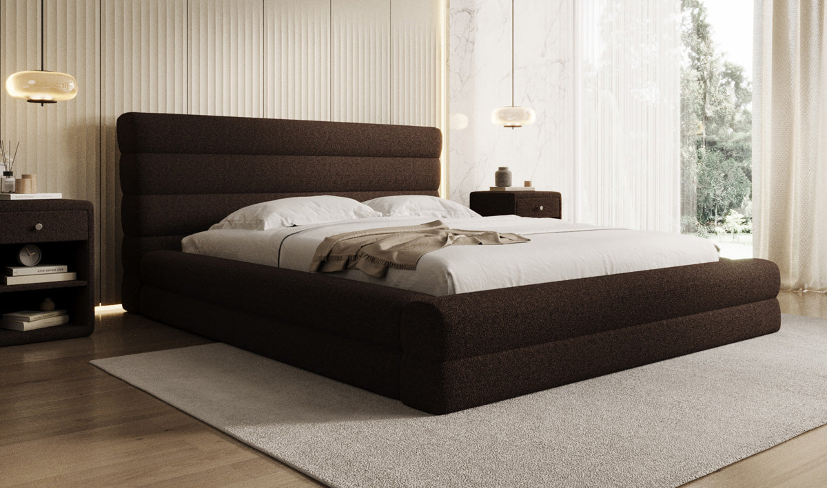 Designer upholstered bed Maren in teddy bouclé with storage
