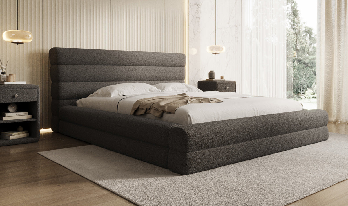 Designer upholstered bed Maren in teddy bouclé with storage
