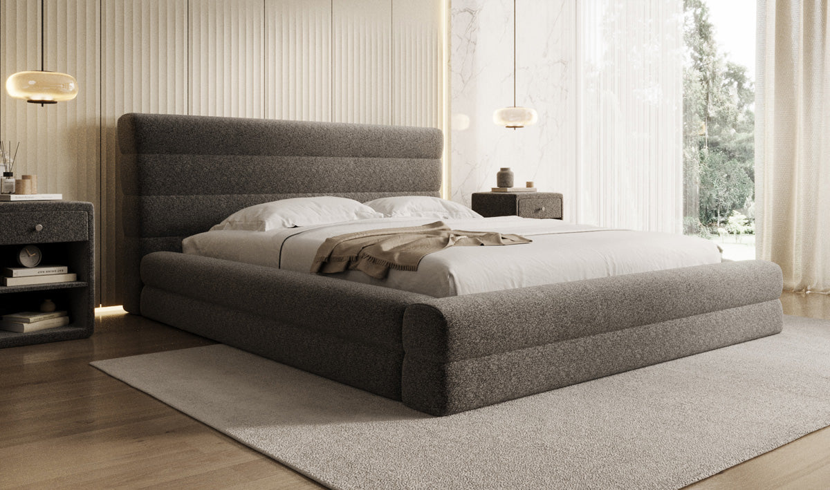 Designer upholstered bed Maren in textured fabric with storage