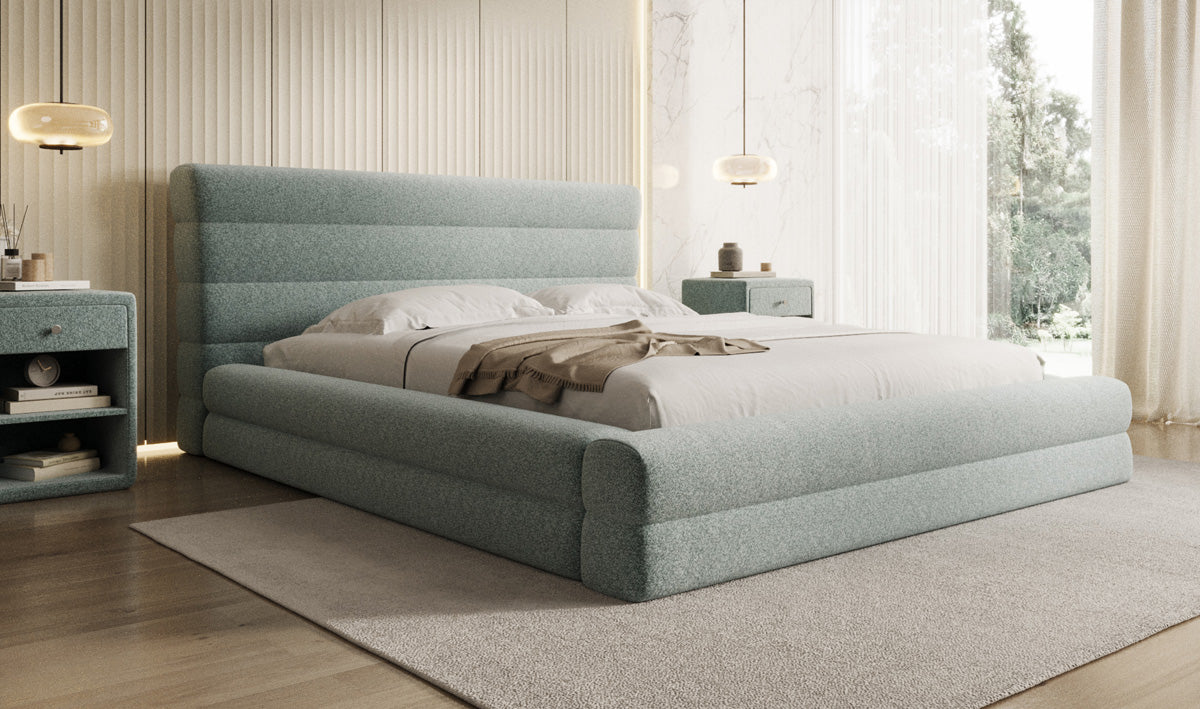 Designer upholstered bed Maren in textured fabric with storage