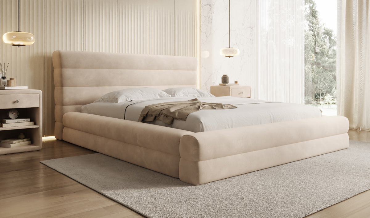 Designer upholstered bed Maren in velvet with storage
