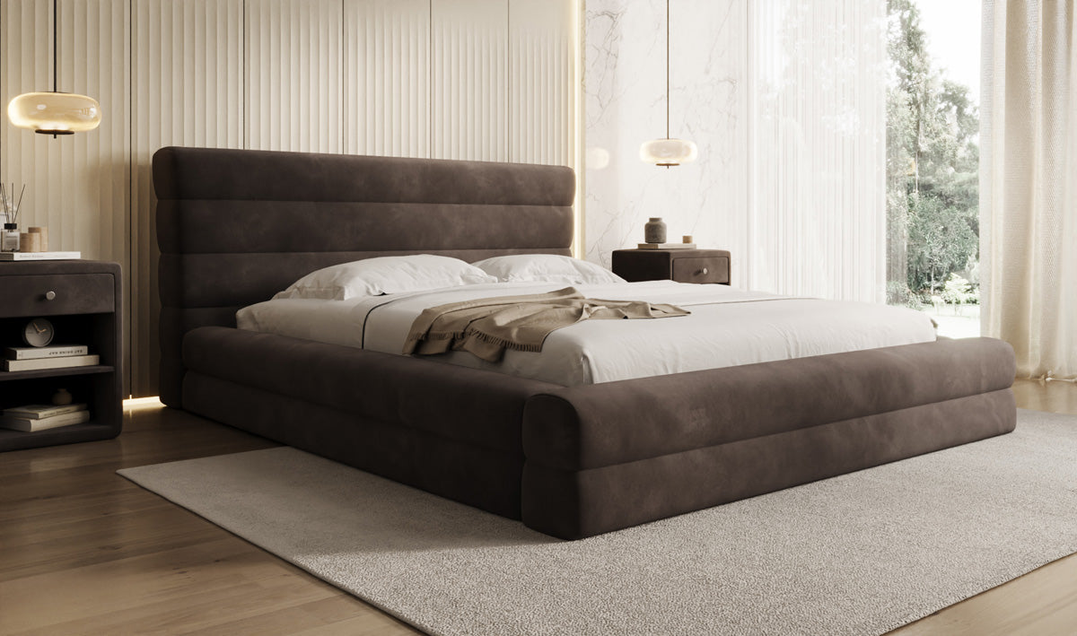 Designer upholstered bed Maren in velvet with storage