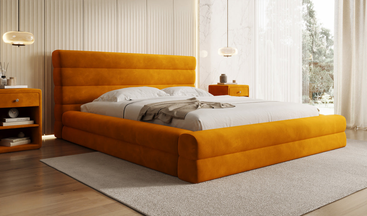 Designer upholstered bed Maren in velvet with storage