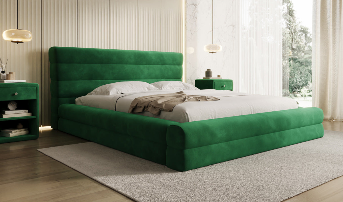 Designer upholstered bed Maren in velvet with storage