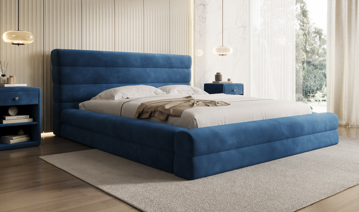 Designer upholstered bed Maren in velvet with storage