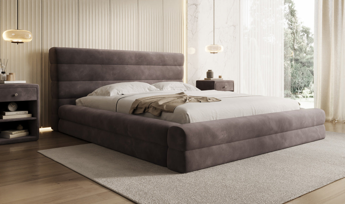 Designer upholstered bed Maren in velvet with storage