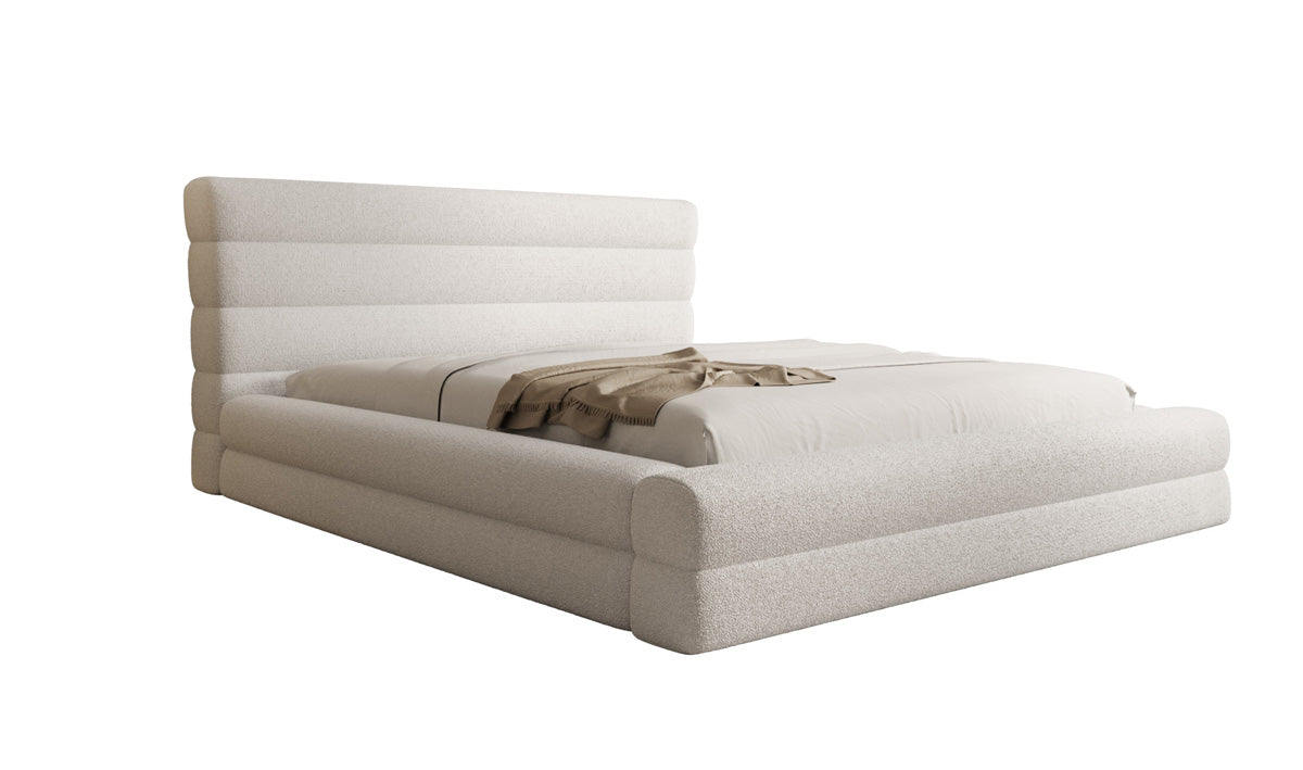 Designer upholstered bed Maren in teddy bouclé with storage