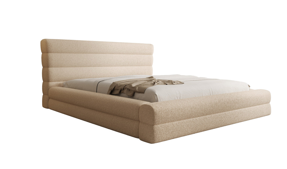 Designer upholstered bed Maren in teddy bouclé with storage