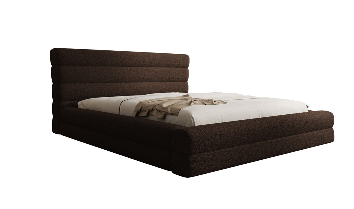 Designer upholstered bed Maren in teddy bouclé with storage