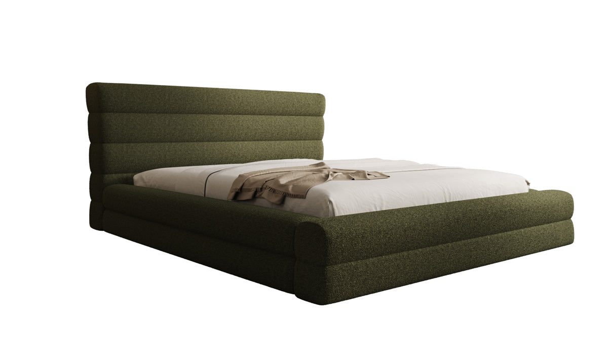 Designer upholstered bed Maren in teddy bouclé with storage