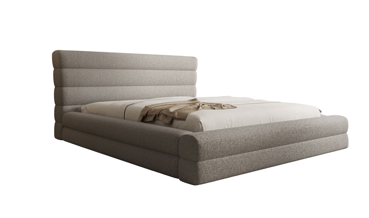 Designer upholstered bed Maren in teddy bouclé with storage