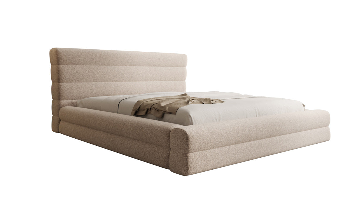 Designer upholstered bed Maren in textured fabric with storage