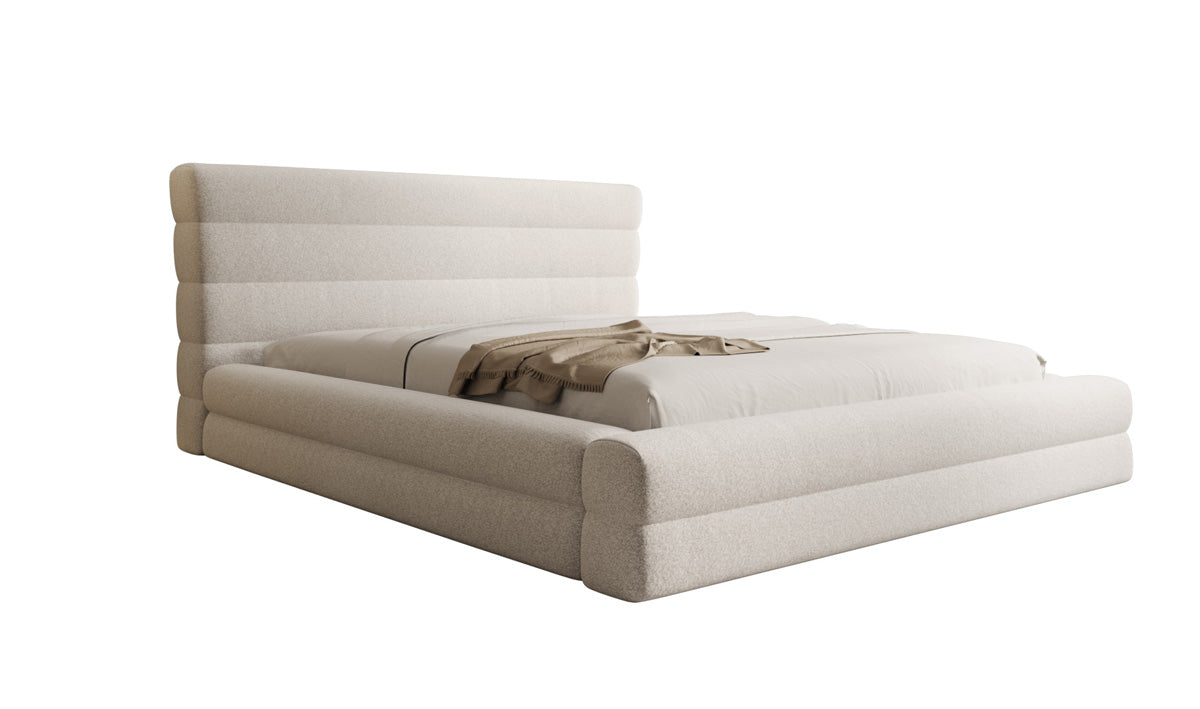 Designer upholstered bed Maren in textured fabric with storage