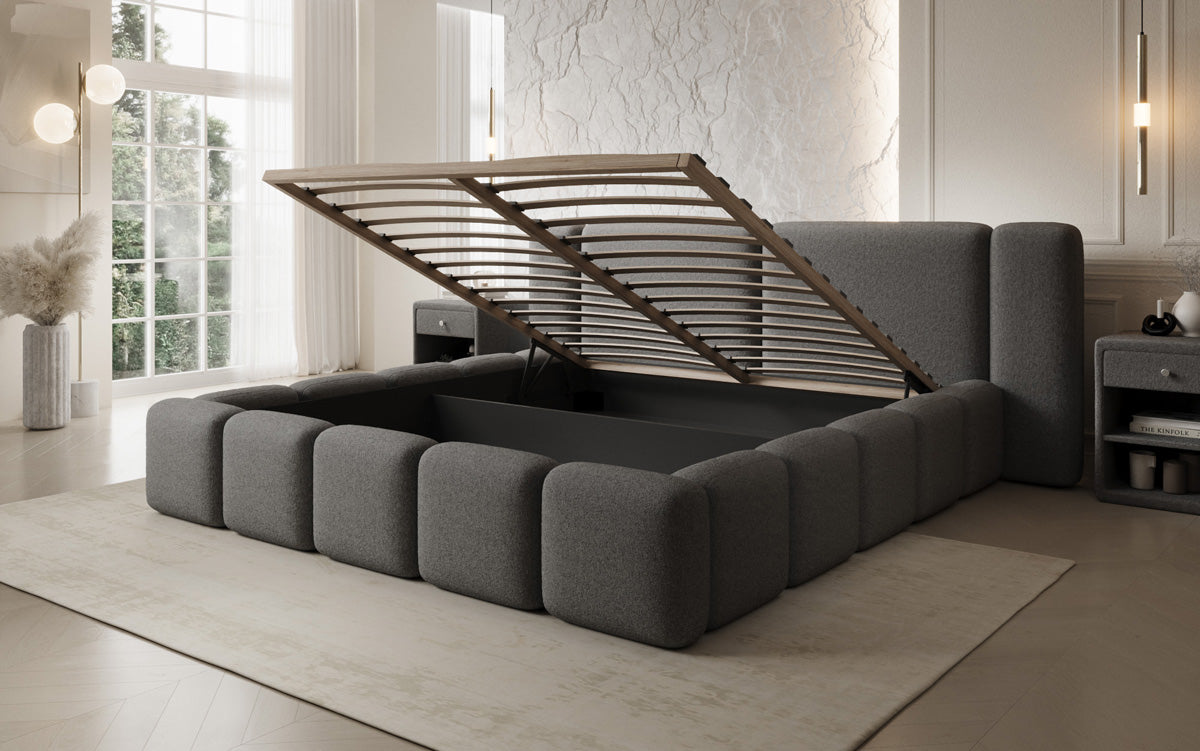 Designer Polsterbett Bianca in Teddy Bouclé mit Stauraum