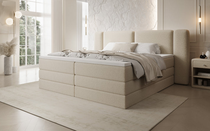 Boxspringbett Leni mit hochklappbarem Stauraum in Teddy Bouclé