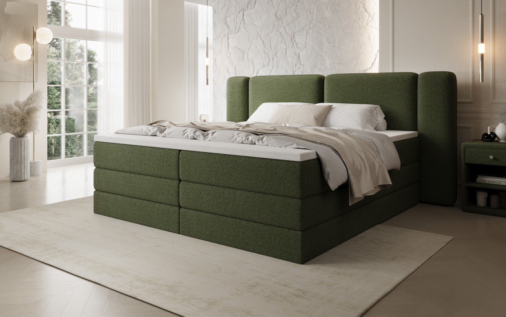 Boxspringbett Leni mit hochklappbarem Stauraum in Teddy Bouclé
