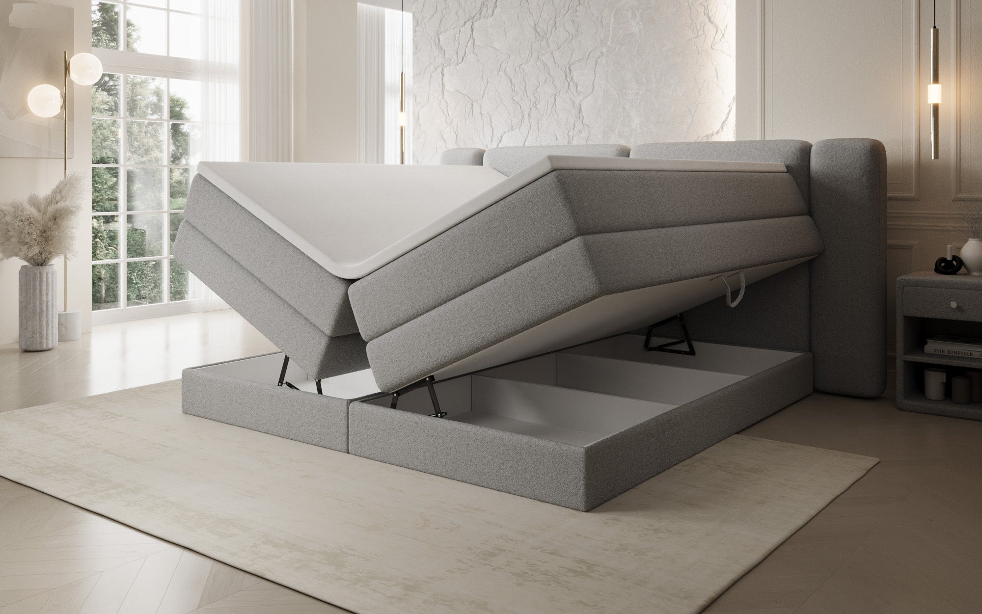 Boxspringbett Leni mit hochklappbarem Stauraum in Teddy Bouclé