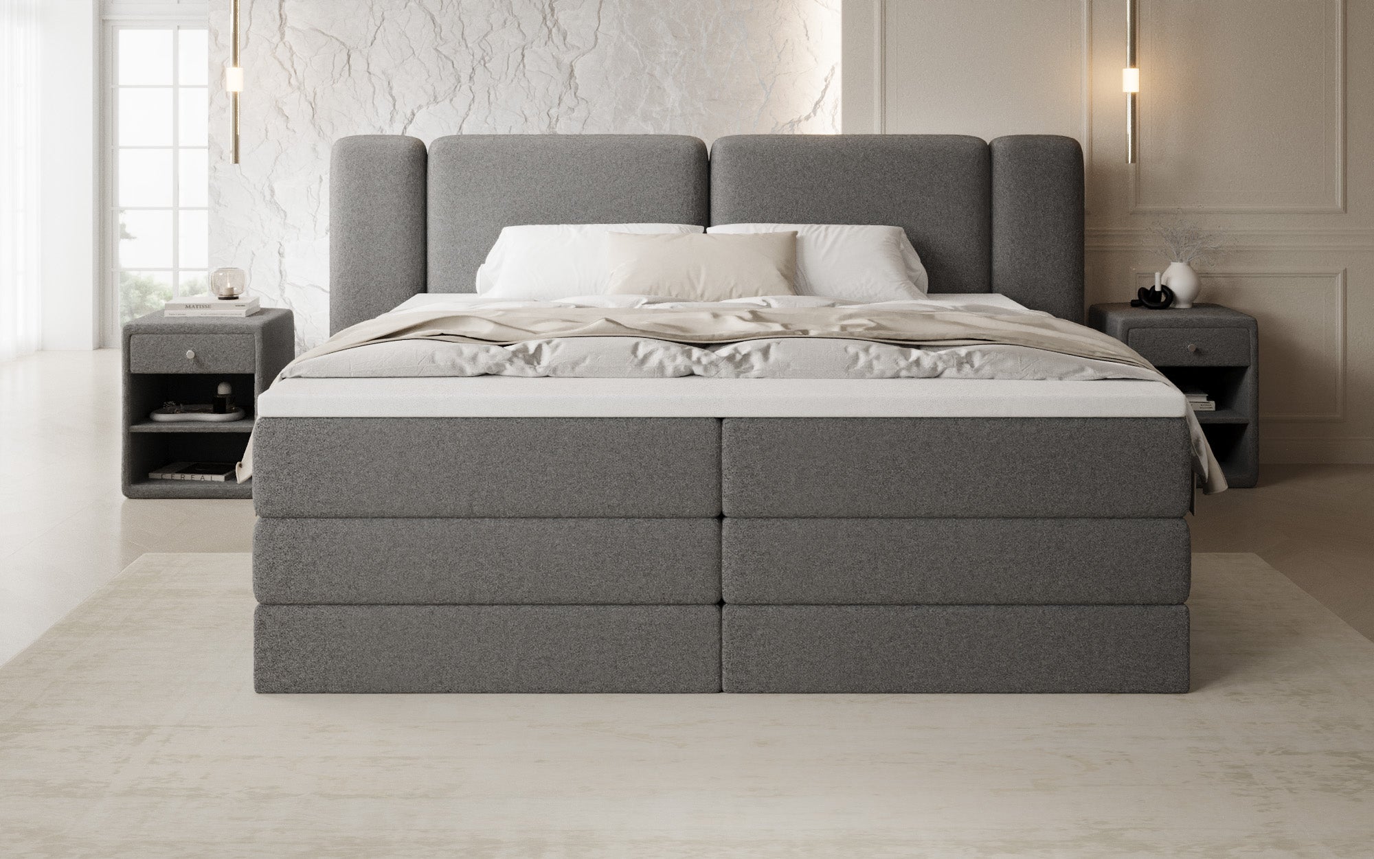 Boxspringbett Leni mit hochklappbarem Stauraum in Teddy Bouclé