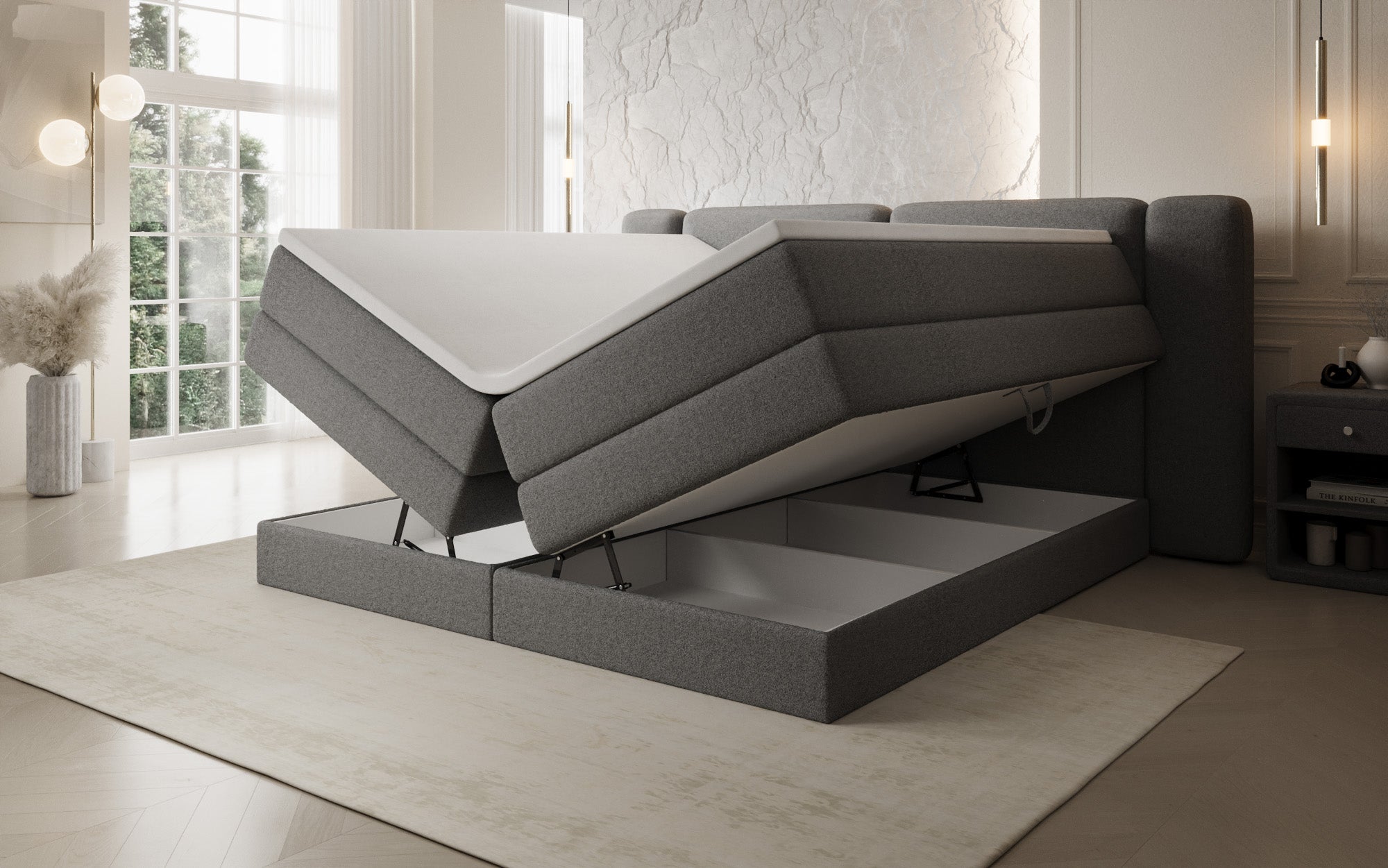 Boxspringbett Leni mit hochklappbarem Stauraum in Teddy Bouclé