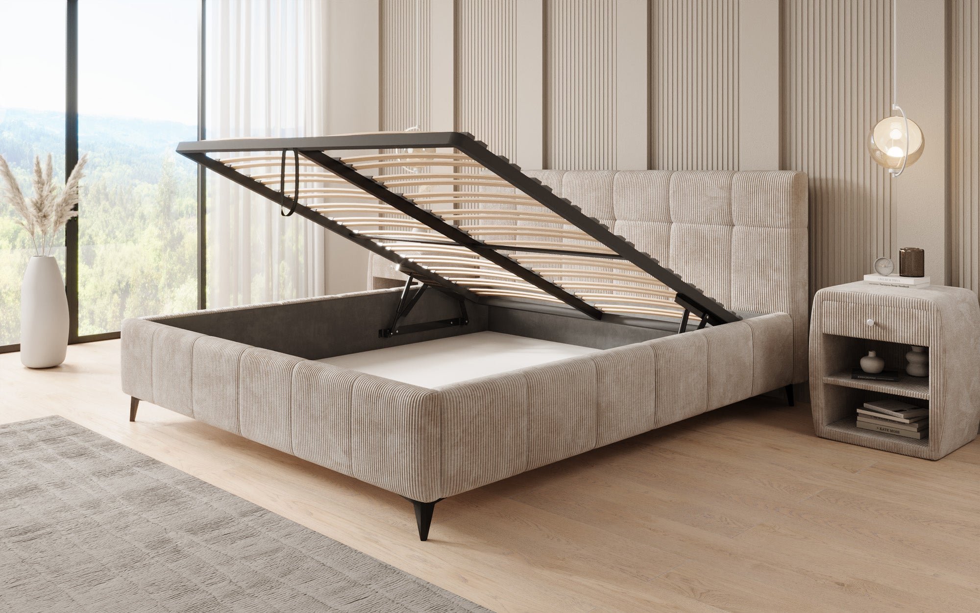 Designer upholstered bed Nelly in Corduroy with storage space