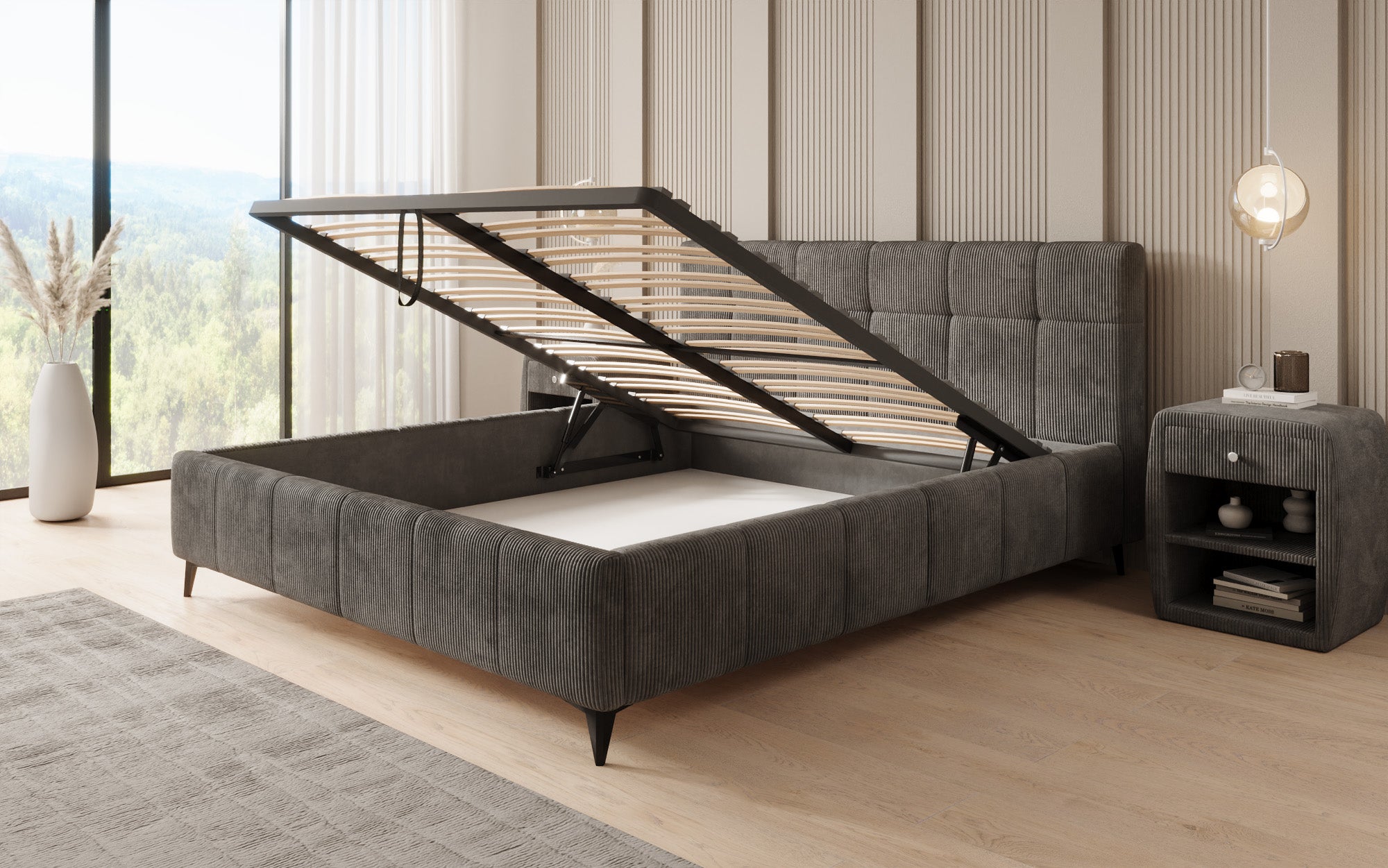 Designer upholstered bed Nelly in Corduroy with storage space
