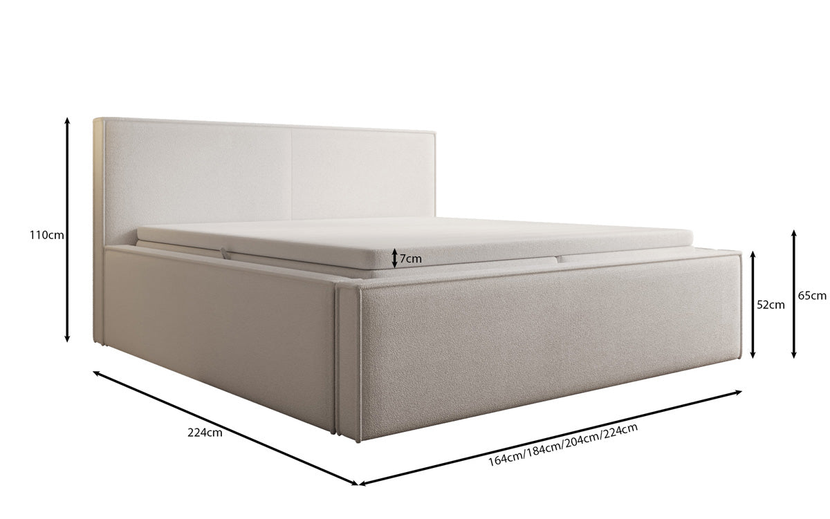 Designer upholstered bed Nora in teddy bouclé with storage, including mattresses