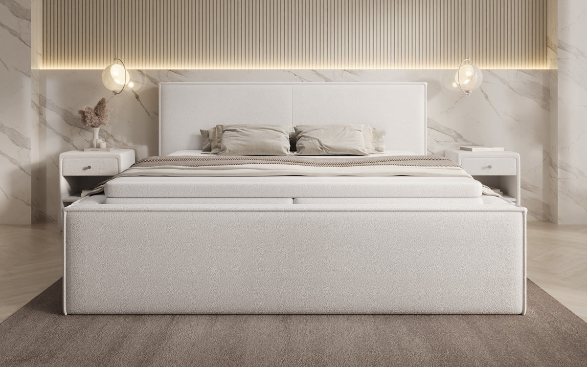 Designer upholstered bed Nora in teddy bouclé with storage, including mattresses