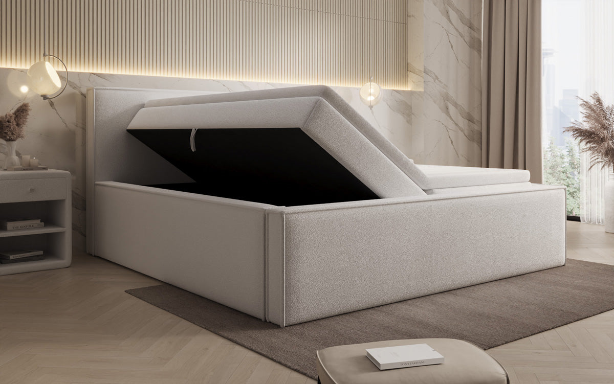 Designer upholstered bed Nora in teddy bouclé with storage, including mattresses