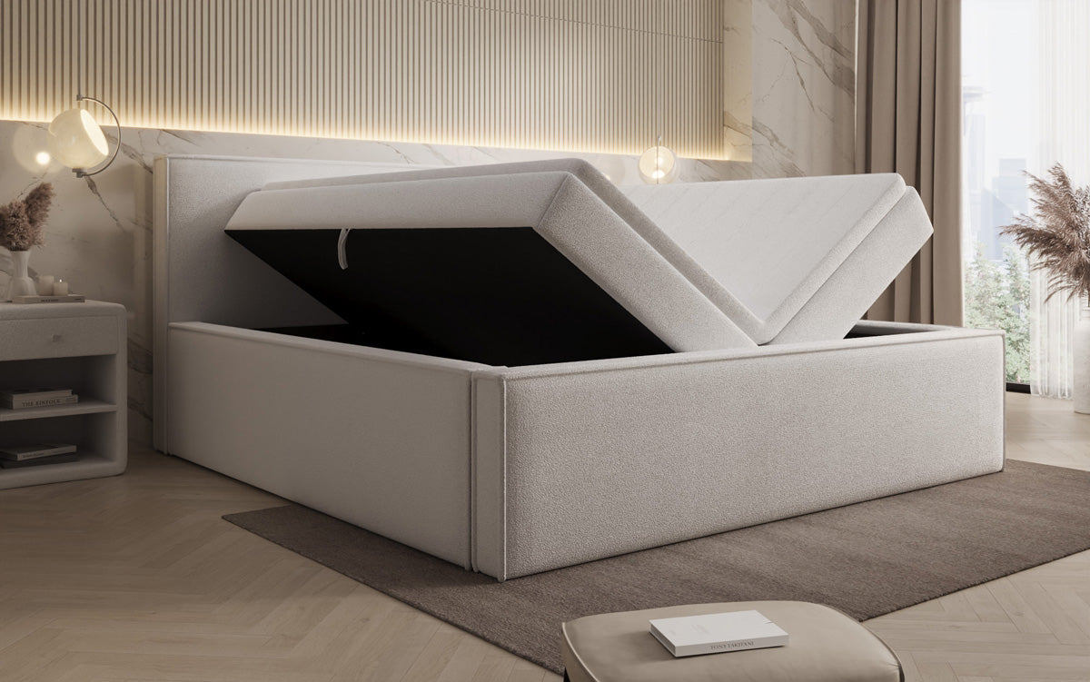 Designer upholstered bed Nora in teddy bouclé with storage, including mattresses