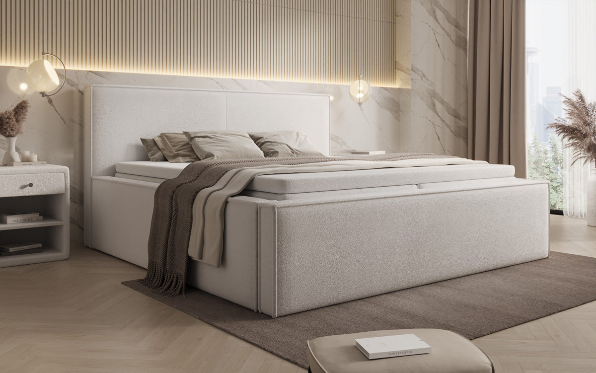 Designer upholstered bed Nora in teddy bouclé with storage, including mattresses
