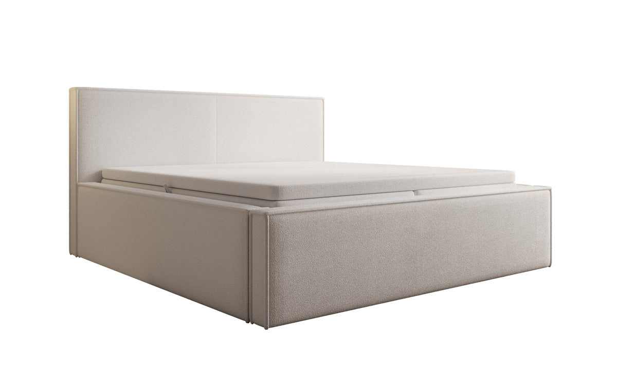 Designer upholstered bed Nora in teddy bouclé with storage, including mattresses