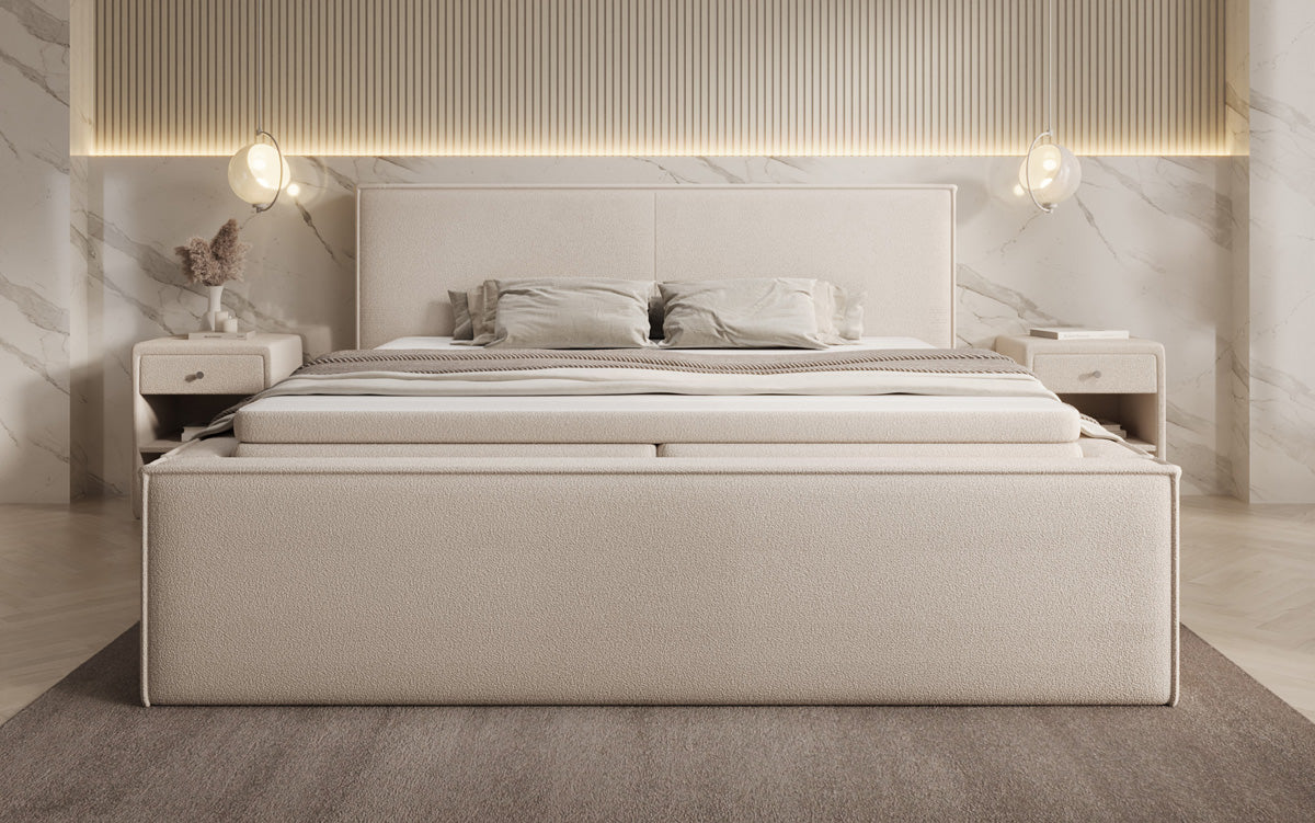 Designer upholstered bed Nora in teddy bouclé with storage, including mattresses
