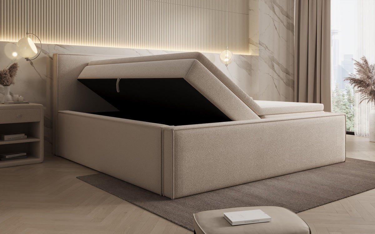 Designer upholstered bed Nora in teddy bouclé with storage, including mattresses