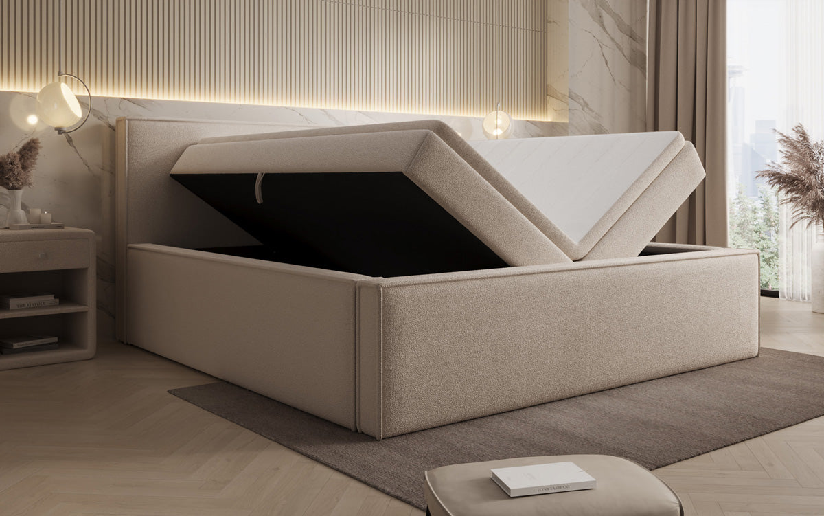 Designer upholstered bed Nora in teddy bouclé with storage, including mattresses