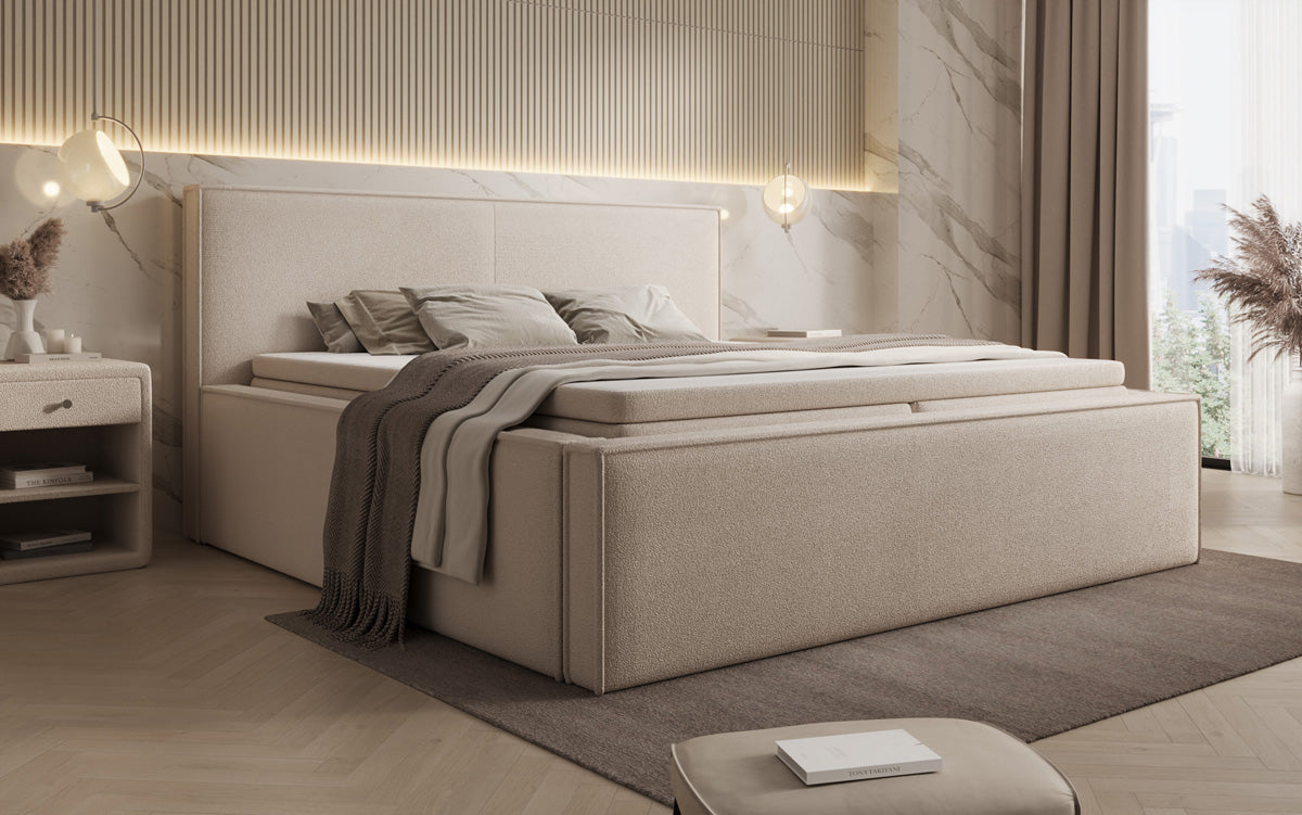 Designer upholstered bed Nora in teddy bouclé with storage, including mattresses