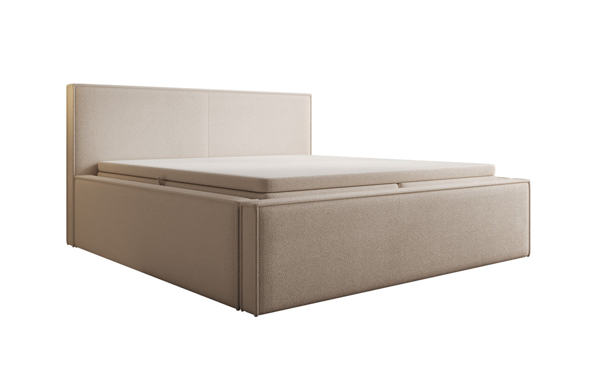 Designer upholstered bed Nora in teddy bouclé with storage, including mattresses